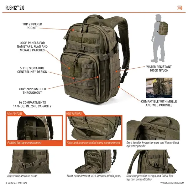 Рюкзак тактичний 5.11 TACTICAL "RUSH12 2.0 BACKPACK" DOUBLE TAP, TD2189, Вибір кольору: Double Tap, зображення 9
