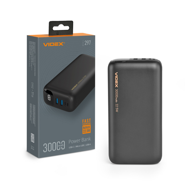 Павербанк 30000mAh VIDEX VPB-297 22.5W - черный
